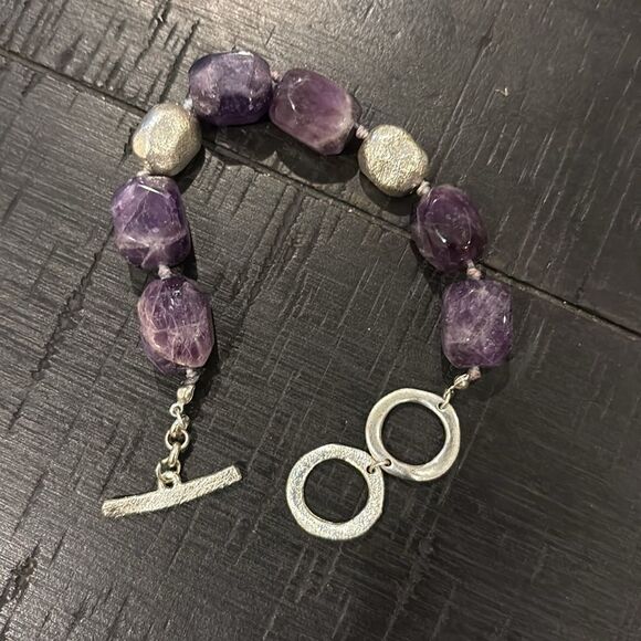 Amethyst Textured Silver Beads Knotted Beaded Toggle Bracelet Classy - Picture 5 of 8